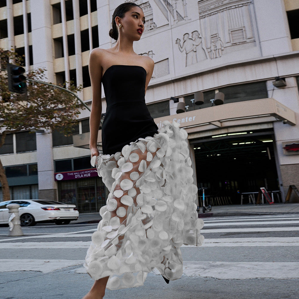 Black And White Tube Top Three-dimensional Flower Pettiskirt Dinner Dress