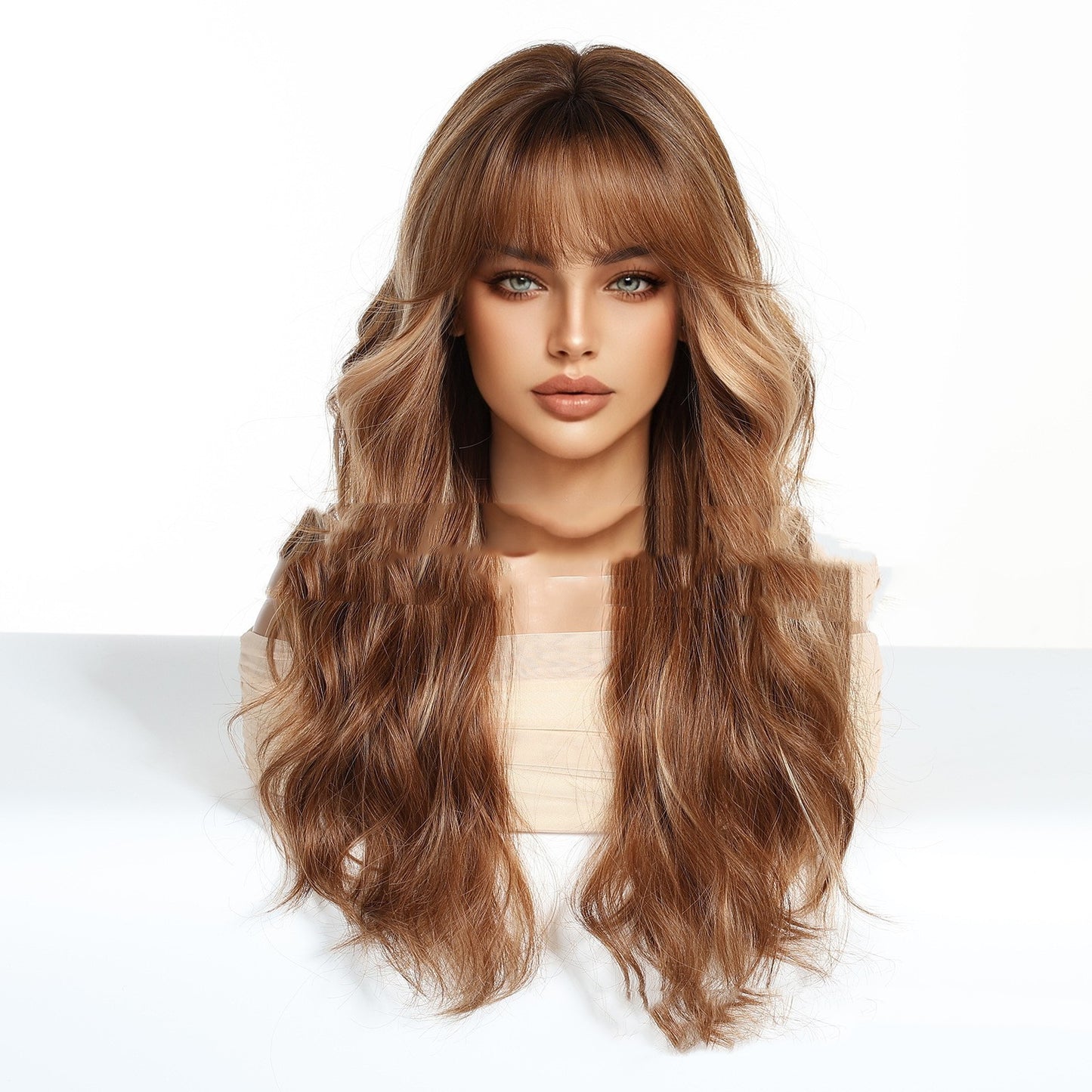 Fringe Brown Highlights Long Curly Hair Full-head Wig
