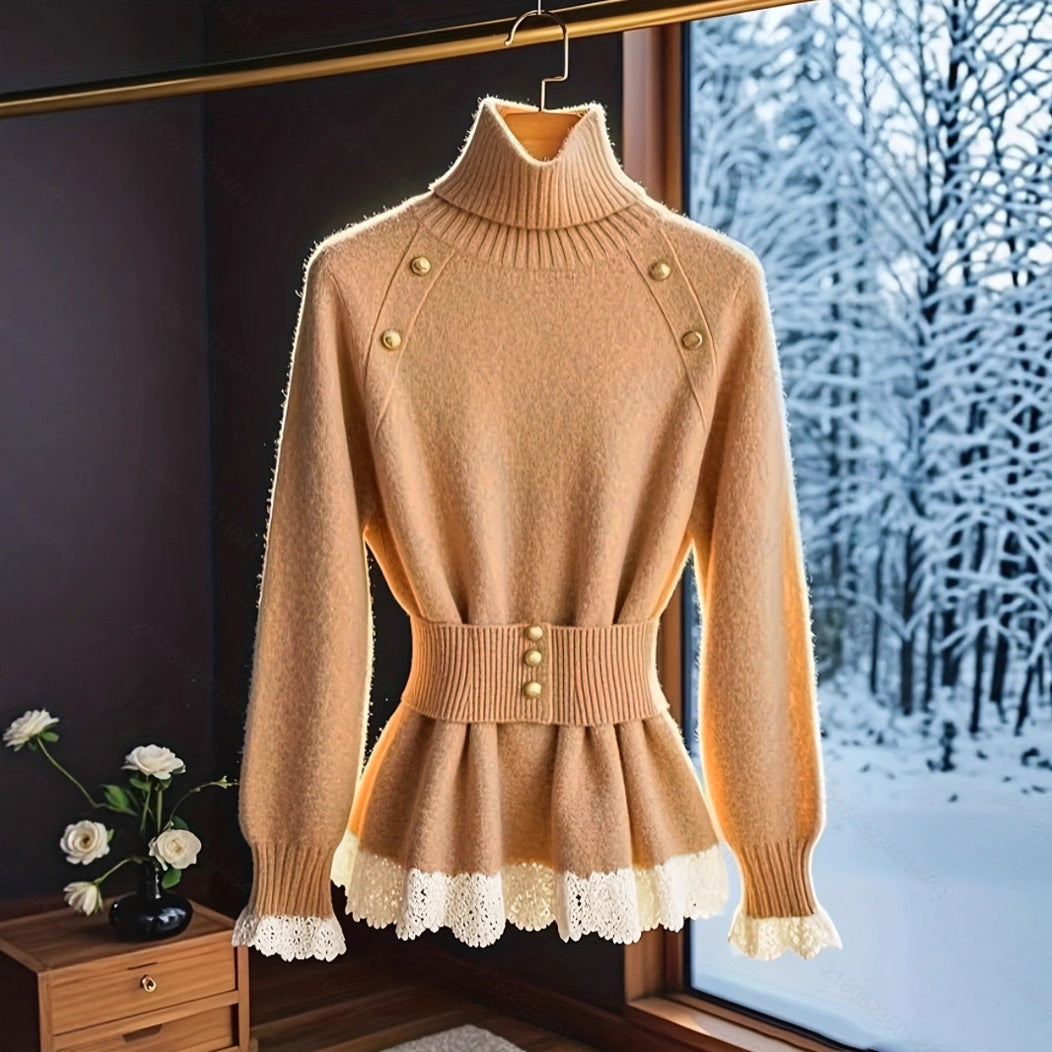 Elegant Lace Stitching Belt Knitted Top