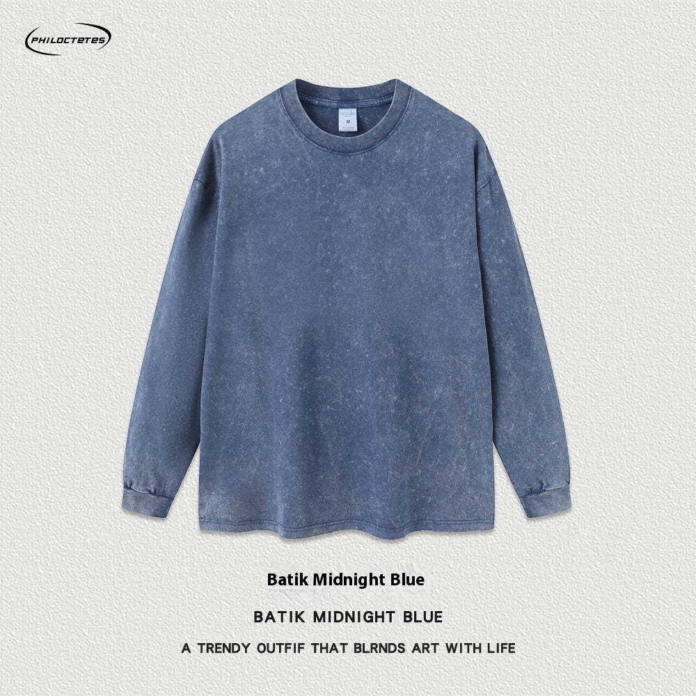 Spring Batik Long-sleeved T-shirt Retro Worn Looking Washed-out Loose Men's Top