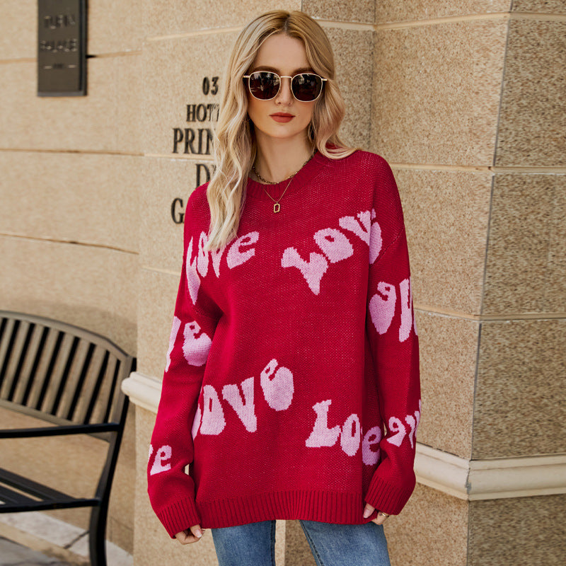 Women's Simple Letter Jacquard Oversized Pullover