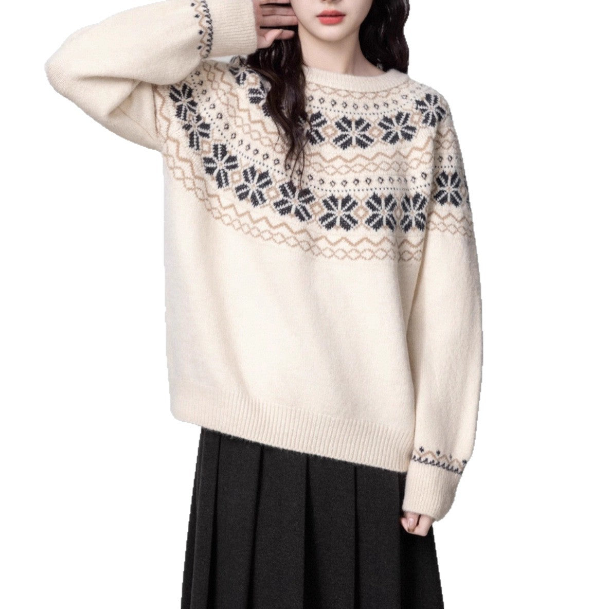 Women's Vintage Fair Island Woven Thickened Crew Neck Pullover Sweater