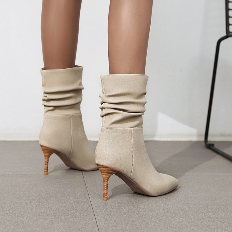 Women's Boots With Stiletto Heels And Short Pleated Mid-tube Boots
