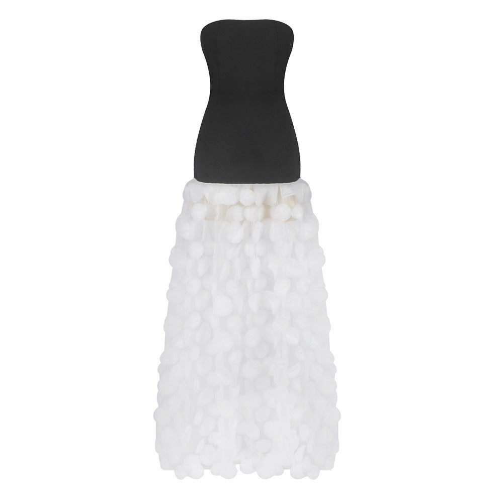 Black And White Tube Top Three-dimensional Flower Pettiskirt Dinner Dress