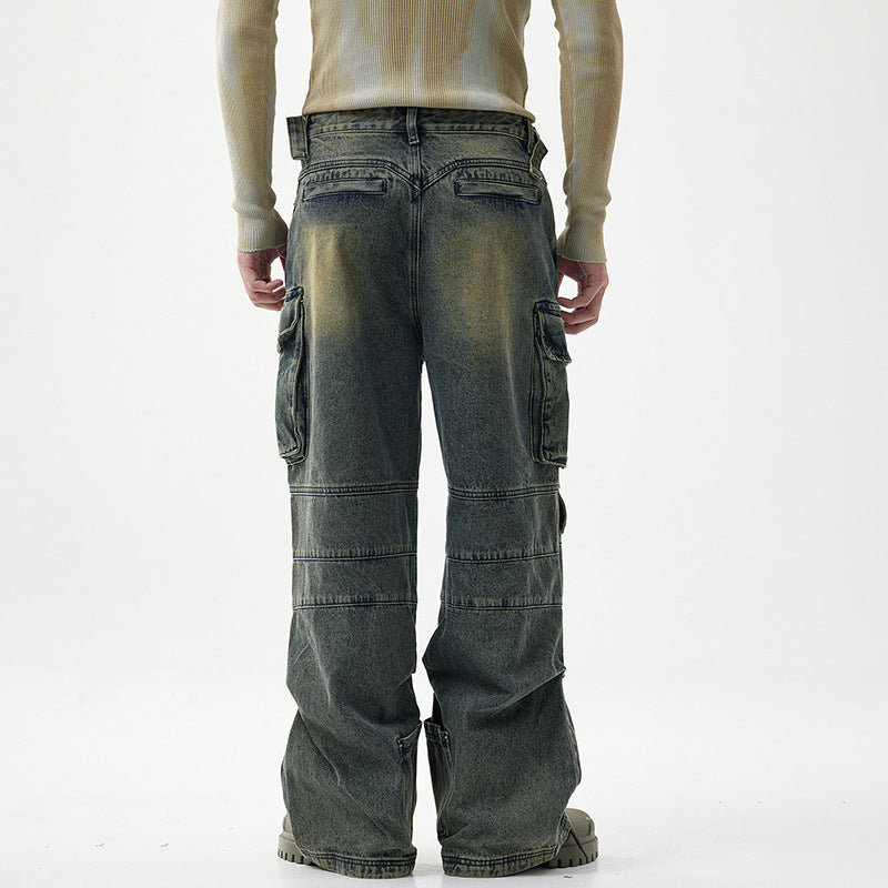 American Retro Multi-pocket Workwear Washed Jeans
