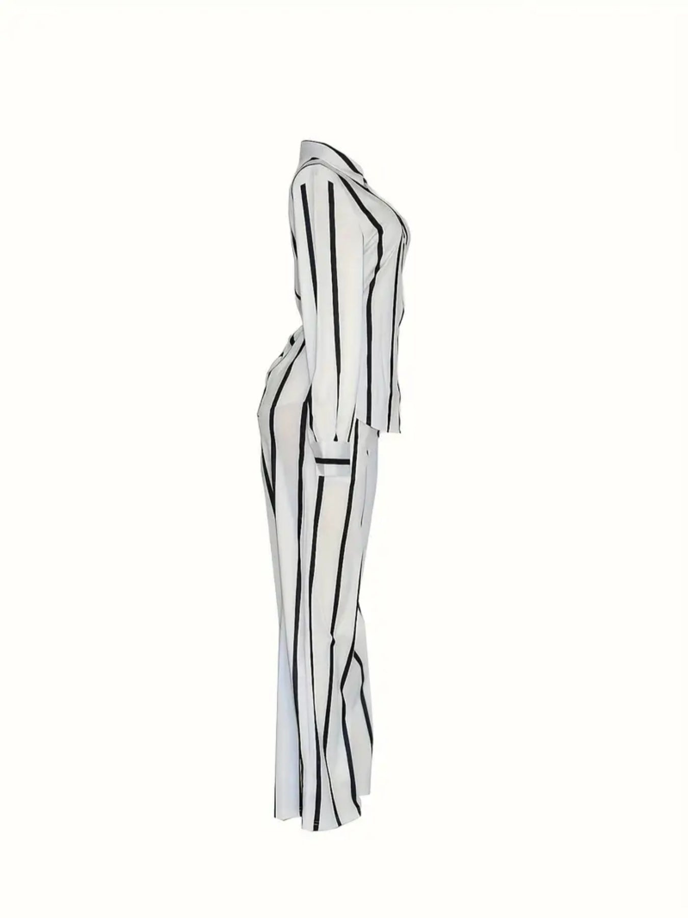 2025 New Stripe Printed Two Piece Set, Button Front Collar Long Sleeve Shirt&High Waist Wide Leg Loose Pants Set, Fashionable Women's Wear