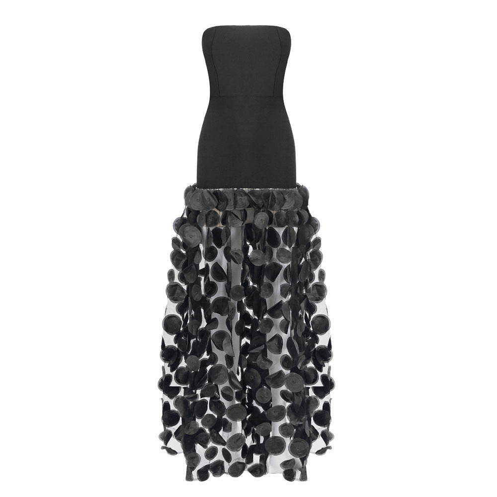 Black And White Tube Top Three-dimensional Flower Pettiskirt Dinner Dress