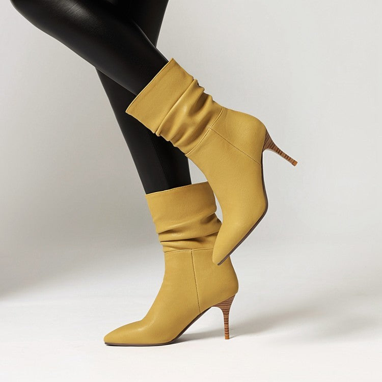 Women's Boots With Stiletto Heels And Short Pleated Mid-tube Boots