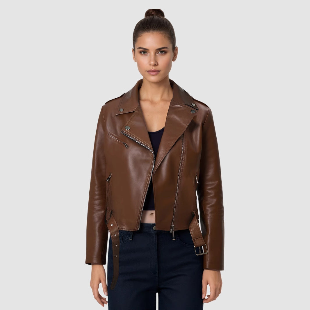 Lapel Short Belt Women's PU Simple Leather Jacket Motorcycle Jacket