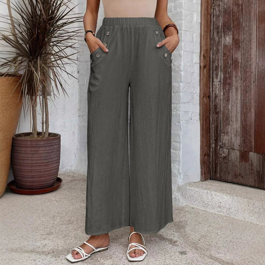 Women's Casual Elastic High Waist Loose Trousers Solid Color Wide Leg Pants