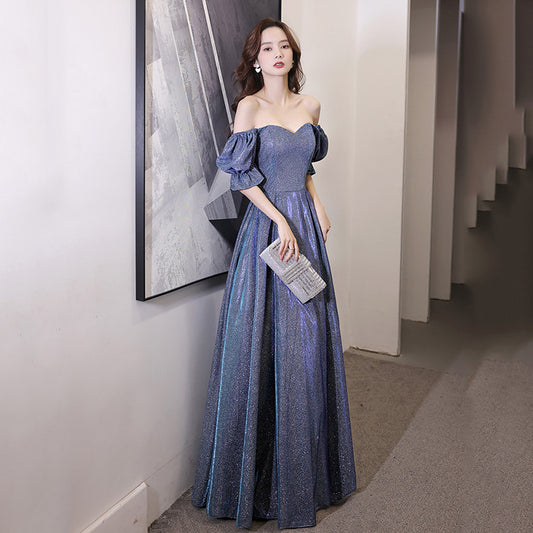 Elegant Sparkly Starry Princess Scoop Neck Puff Sleeve Floor Length Prom Gown Evening