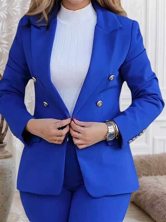 2025 New High-quality Women's Clothing Solid Color Slim Fit Casual Fashion Waist Double Breasted Two-piece Set, Machine Washed, Spring And Autumn Fashion Casual Set