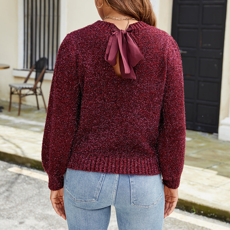 Women's Shining Silk Puff Sleeve Back Lace-up Long Sleeve Knitted Sweater