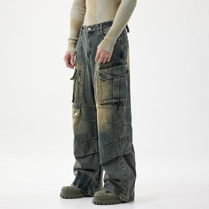 American Retro Multi-pocket Workwear Washed Jeans
