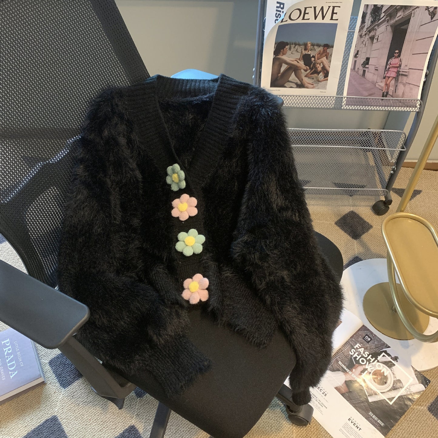 Women's Mink Fur Knitted Three-dimensional Flower V-neck Sweater Coat