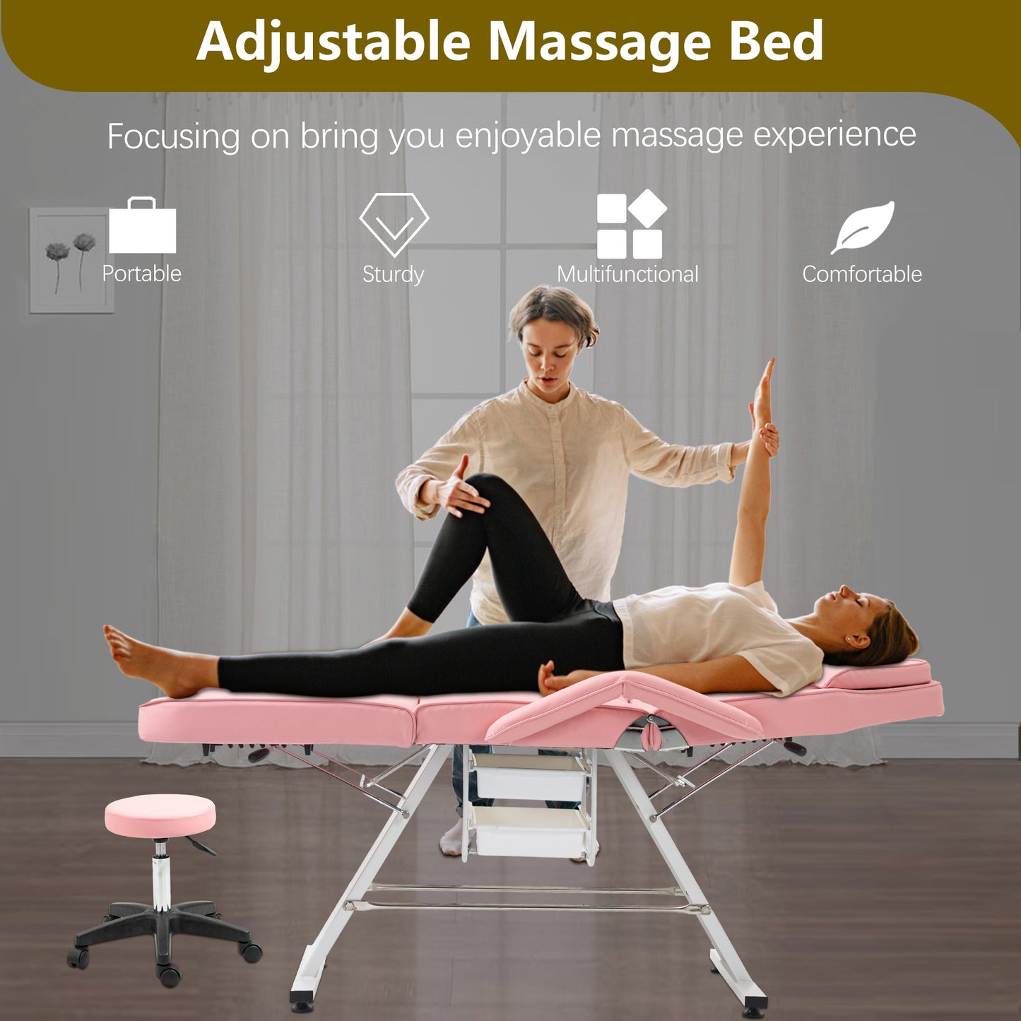 Massage Salon Tattoo Chair With Two Trays Esthetician Bed With Hydraulic Stool,Multi-Purpose 3-Section Facial Bed Table, Adjustable Beauty Barber Spa Beauty Equipment