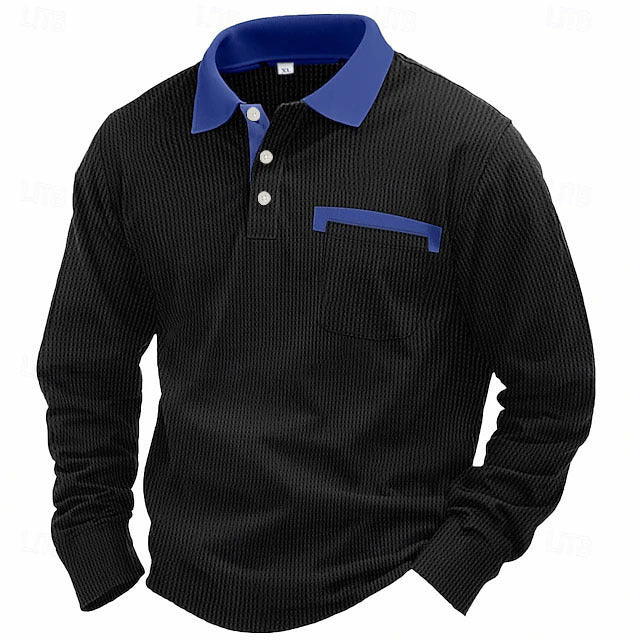 Men's Long-sleeved Waffle Polo Shirt Top