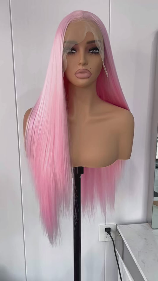 Light Pink Long Silky Straight Synthetic Lace Front Wig Free Part Pastel Pink Heat Resistant Fiber Wigs for Women Daily Party