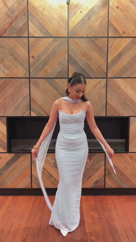 Mingmingxi Elegant Maxi Wedding Guest Dress Set Sexy Strapless Blue Cropped Top Set Bodycon Holiday Party Dresses Women