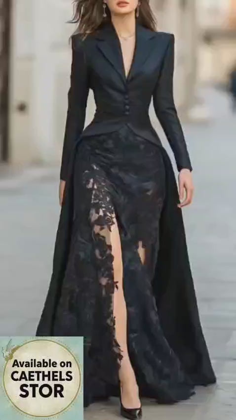 Elegant Solid Formal Occasion Outfit Autumn Women's Lapel Button Top and Skirt Two Piece Set Lace Patchwork Slim Fit Party Suit