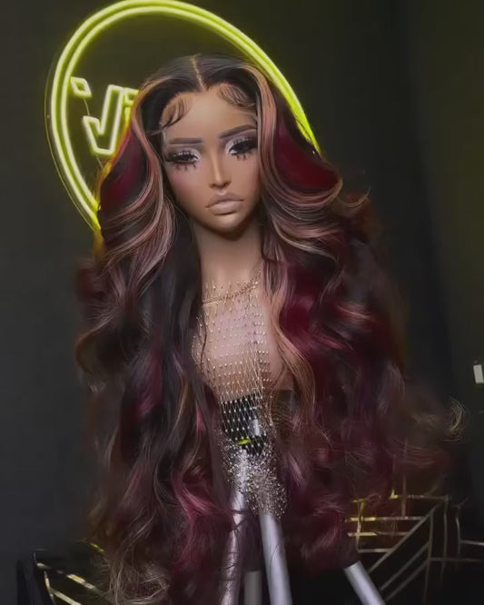 Black Red Blonde Highlight Wig180% Density Blonde Red Highlights 13X4 HD Lace Front Glueless Balayage Wigs Human Hair for Women