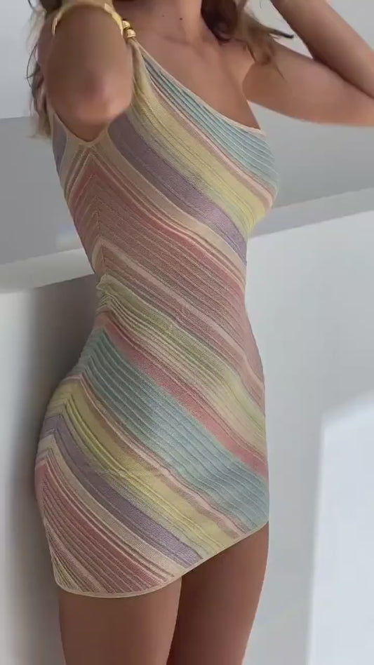 Elegant Woman Dress Multi Color Patchwork Diagonal Collar Mini Dress Women Summer Sleeveless Sexy Bodycon Dress Party Vestidos