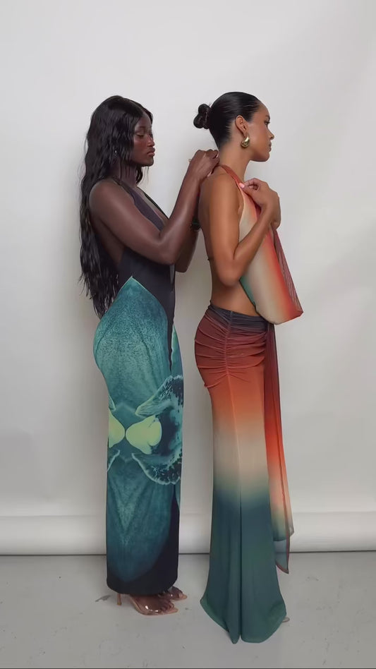 VEITCHE Summer Women Print Mesh Sexy Halter Skirt 2 Pieces Sets Off-shoulder Sleeveless Backless Tops And Skirt Two Pieces Sets